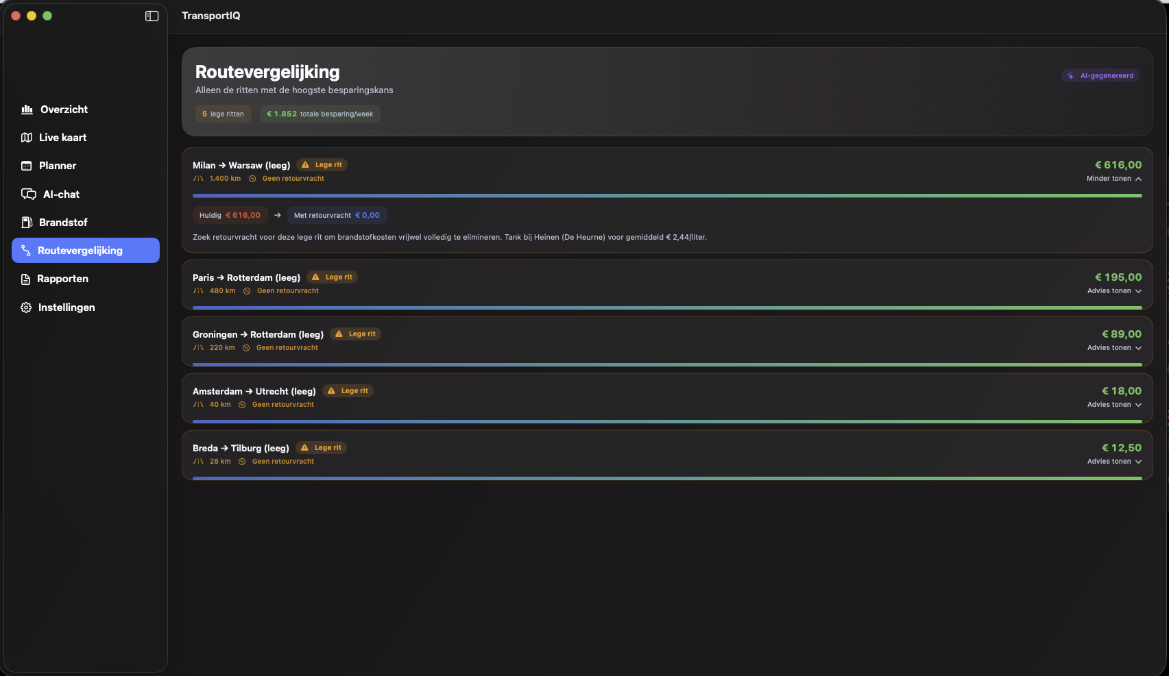 Routevergelijking in TransportIQ